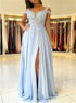 Light Blue Chiffon Split Prom Dresses With Lace Appliques LBQ0942